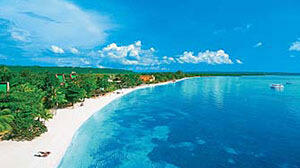 A serene beach scene with white sand, crystal clear blue water, and lush greenery under a bright blue sky with fluffy clouds.